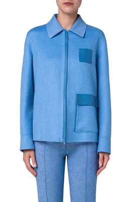 Akris Madelyn Cashmere Shirt Jacket with Leather Trim in Cornflower