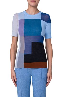 Akris Mixed Stitch Short Sleeve Wool & Silk Blend Sweater in 774 Cornflower-Multicolor