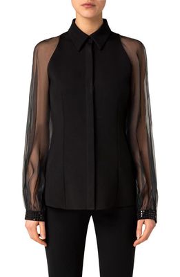 Akris Organza Sleeve Silk Crepe Button-Up Shirt in 009 Black