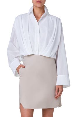 Akris Pleated Waist Cotton Voile Button-Up Shirt in Ecru