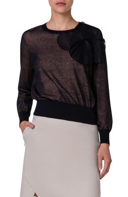 Akris Poppy Appliqué Cotton Blend Crewneck Sweater in Black