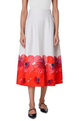 Akris Poppy Print Cotton & Silk Blend Midi Skirt in Poppy-Greige