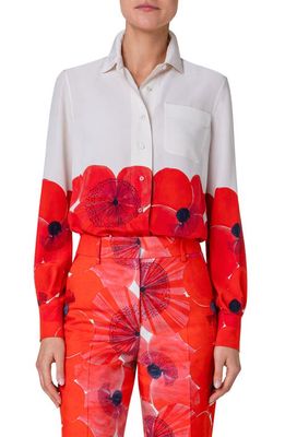 Akris Poppy Print Silk Button-Up Shirt in Poppy-Greige