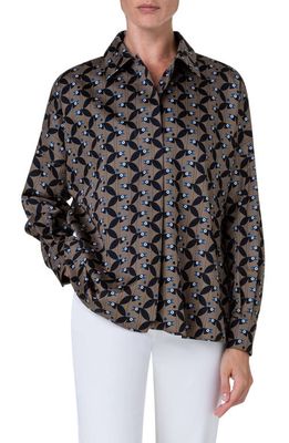 Akris punto Abstract Bird Print Cotton Sateen Button-Up Shirt in Sage-Black