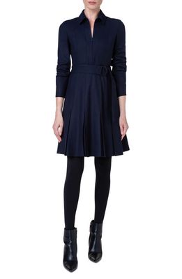 Akris punto Belted Long Sleeve Virgin Wool Shirtdress in 397 Navy