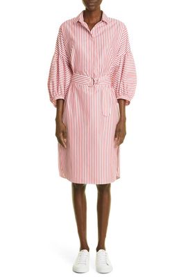 Akris punto Belted Stripe Balloon Sleeve Cotton Dress in Cream-Peachy Pink