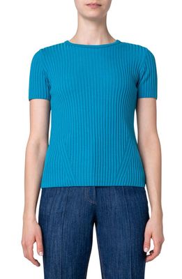 Akris punto Bicolor Short Sleeve Rib Virgin Wool Sweater in Cerulean