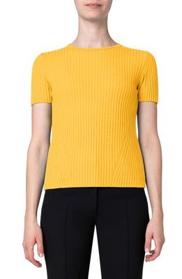 Akris punto Bicolor Short Sleeve Rib Virgin Wool Sweater in Yellow