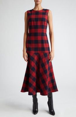 Akris punto Buffalo Plaid Wool & Cotton Flannel Drop Waist Dress in 076 Crimson-Navy