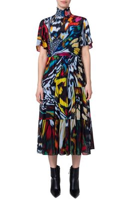 Akris punto Butterfly Print Tiered Georgette Midi Dress in Multicolor