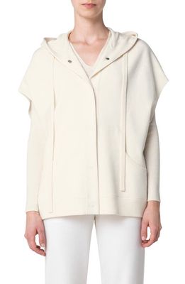 Akris punto Cap Sleeve Merino Wool Snap Front Hooded Sweater in Cream