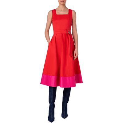 Akris punto Color Border Belted Cotton Poplin Midi Dress in Red-Pink