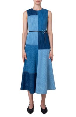 Akris punto Colorblock Belted Denim Midi Dress in Denim-Multi
