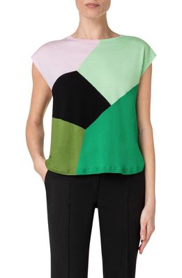 Akris punto Colorblock Intarsia Virgin Merino Wool Cap Sleeve Sweater in Green Multi