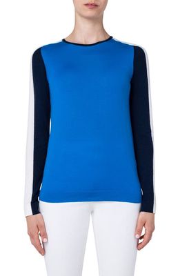 Akris punto Colorblock Long Sleeve Merino Wool Sweater in Electric Blue-Navy-Cream