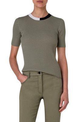 Akris punto Colorblock Short Sleeve Virgin Wool Rib Sweater T-Shirt in Sage-Cream