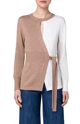 Akris punto Colorblock Virgin Wool Wrap Sweater in Malt-Cream