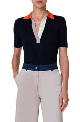 Akris punto Colorblock Wool Rib Sweater Polo in Navy Multi