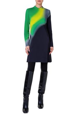 Akris punto Disco Laser Long Sleeve Stretch Crepe Dress in 059 Tech-Green Multicolor