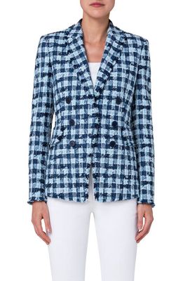 Akris punto Double Breasted Cotton Blend Tweed Blazer in Denim Multi