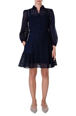 Akris punto Embroidered Eyelet Patchwork Cotton Shirtdress in Navy