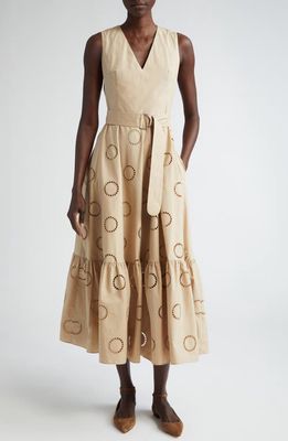 Akris punto Eyelet Embroidered Sleeveless Cotton Tiered Dress in Beige