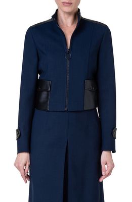 Akris punto Faux Leather & Stretch Wool Jacket in 097 Navy