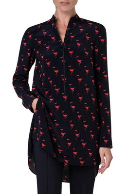 Akris punto Flamingo Print Silk Crêpe de Chine Shirt in Black-Red