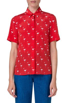 Akris punto Flamingo Print Silk Crêpe de Chine Shirt in Red-Cream