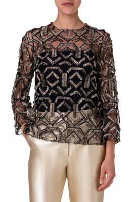 Akris punto Fringe Embroidered Tulle Top in Black-Gold