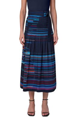 Akris punto Maxtix Stripe Pleated Cotton Satin Midi Skirt in Navy-Multi