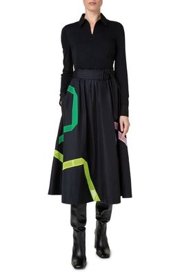 Akris punto Mesh Inset Long Sleeve Mixed Media Cotton Poplin Dress in 009 Black-Multicolor