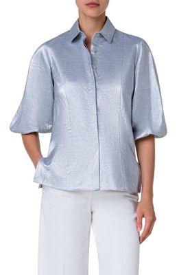 Akris punto Metallic Puff Sleeve Button-Up Shirt in Silver Blue