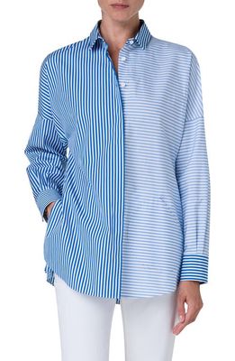 Akris punto Mixed Directional Stripe Cotton Poplin Button-Up Shirt in Ink-Sky-Cream