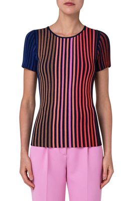 Akris punto Multicolor Stripe Short Sleeve Virgin Wool Rib Sweater in Pink Multi