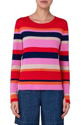 Akris punto Multicolor Stripe Virgin Merino Wool Sweater in Red-Pink-Purple-Sand