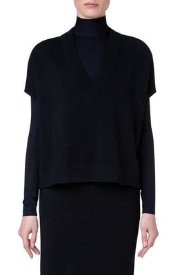 Akris punto Oversize Short Sleeve V-Neck Wool Sweater in 009 Black