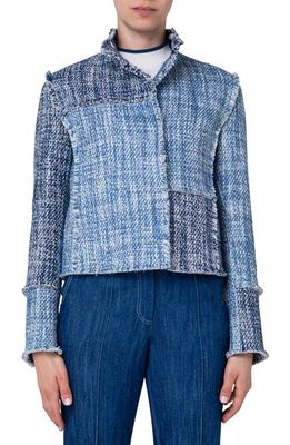 Akris punto Patchwork Denim Tweed Boxy Crop Jacket in Pale Blue-Denim-Cream