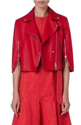 Akris punto Perforated Lambskin Leather Crop Moto Jacket in Red