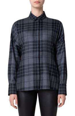 Akris punto Plaid Virgin Wool Flannel Button-Up Blouse in Slate-Tin