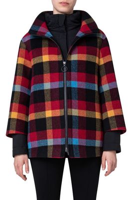 Akris punto Plaid Wool Blend Car Coat with Removable Quilted Liner in Red-Multi
