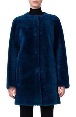 Akris punto Reversible Leather & Genuine Fur Coat in Teal