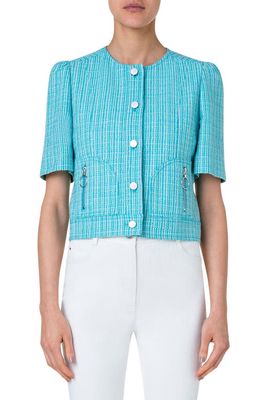 Akris punto Short Sleeve Cotton & Linen Tweed Jacket in Turquoise-Multicolor
