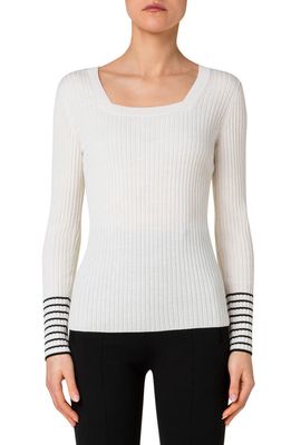 Akris punto Square Neck Rib Virgin Merino Wool Fitted Sweater in 119 Cream-Black