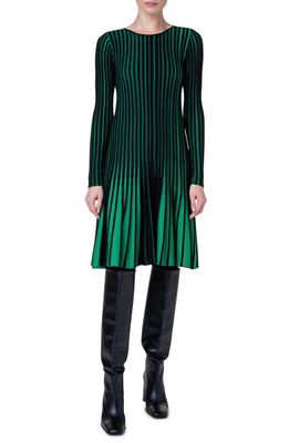 Akris punto Stripe Long Sleeve Merino Wool Rib Sweater Dress in 957 Black-Tech Green