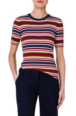 Akris punto Stripe Short Sleeve Milano Knit Virgin Wool Rib Sweater in Yellow Multicolor
