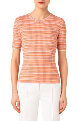 Akris punto Stripe Short Sleeve Rib Virgin Merino Wool Sweater in Pink-Orange-Cord