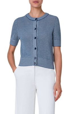 Akris punto Stripe Short Sleeve Wool Mesh Stitch Cardigan in Navy-Cream