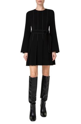 Akris punto Topstitch Pleated Bell Long Sleeve Crepe Dress in 009 Black