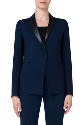 Akris punto Wool Blend Crepe Jacket with Faux Leather Trim in Navy-Black